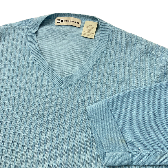 Wilke Rodriguez Other - Wilke Rodriguez Mens Sz L Pullover V-Neck Sweater Blue Linen Blend Lightweight